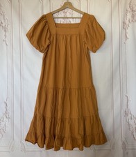 Böhme Tiered Puff Sleeve Square Neck Midi Dress Orange Women’s Size Large Boho