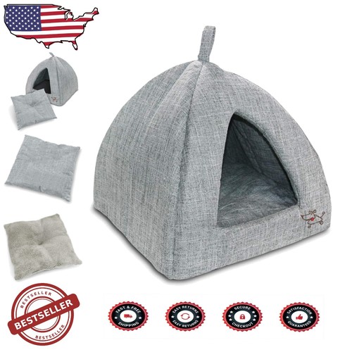 Cozy Plush Pet Tent Bed in Gray Linen - 19" x 19" for Cats and Small Dogs