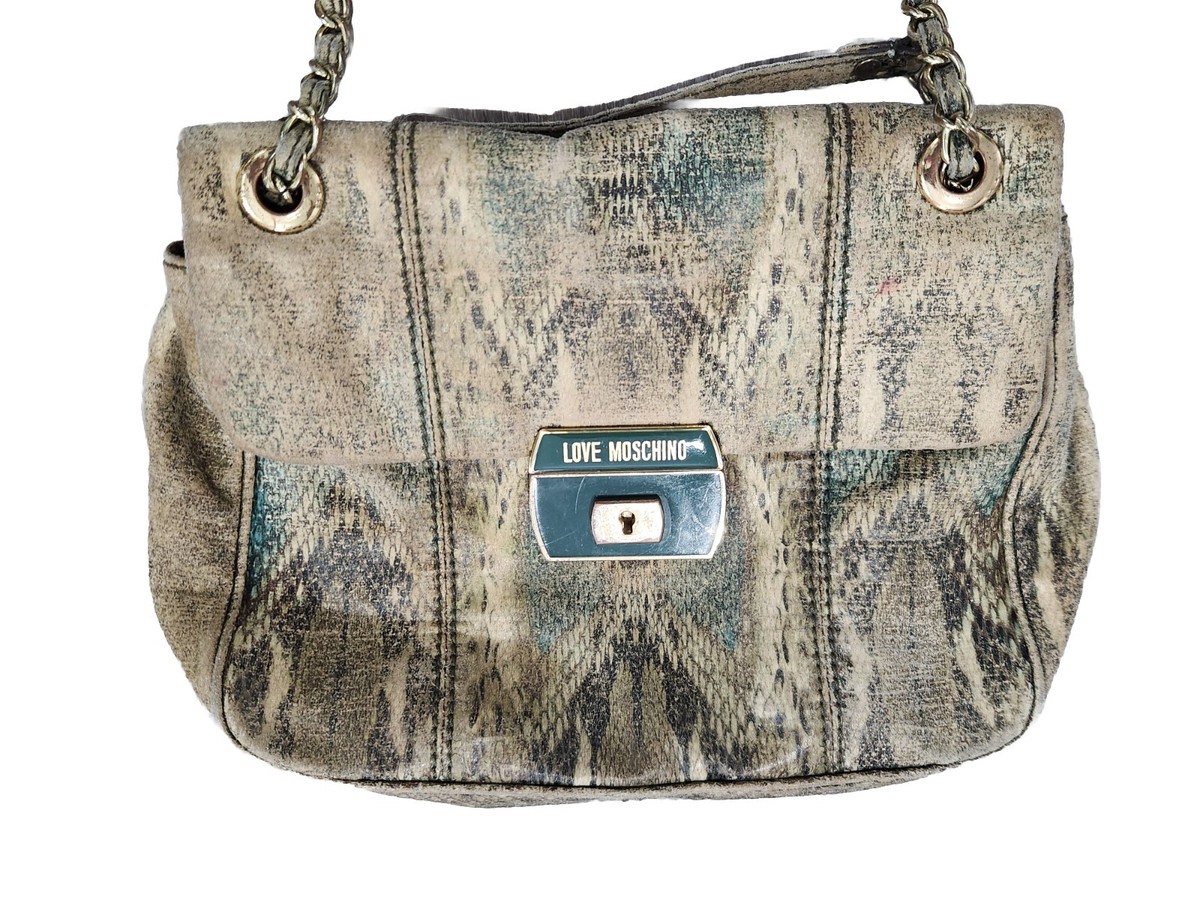 Love Moschino Bag Purse Beige Green Snake Skin Chain Strap