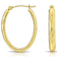 14K Real Solid Yellow Gold Shiny Polished Twisted Oval Creole Hoop Earrings 25mm