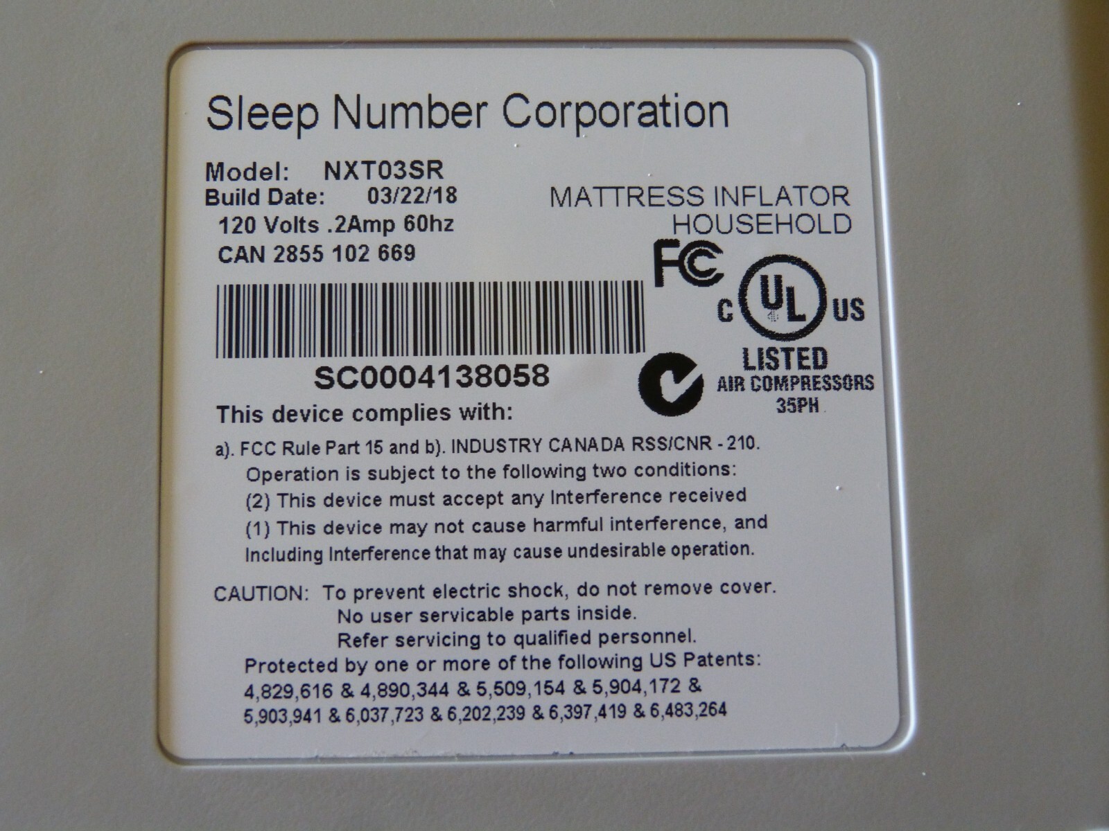 Select Comfort NXT03SR Single Chamber Bed Inflator Pump Sleep Number
