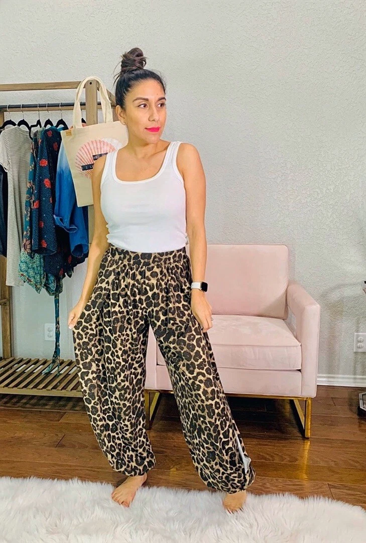 EASEL Joggers Womens Large Leopard Print Side Slit Baggy Tapered