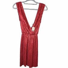 Oh My Love Urban Outfitters Shimmer Pleated Fit + Flare Plunge Neck Dress Red S