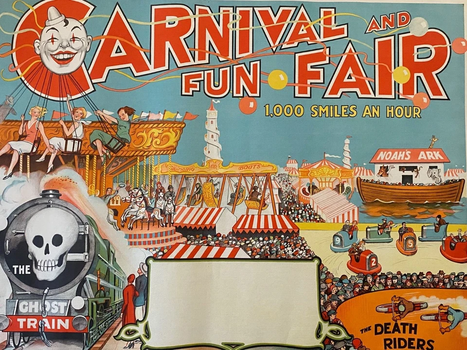 Antique/VTG 30's Carnival Fun Fair Poster, Motorcycle Death Riders, Ghost Train - Image 2 of 4