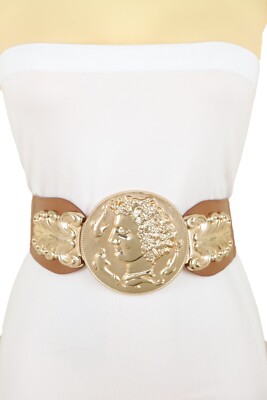 Women Brown Wide Elastic Belt Hip High Waist Gold Metal Greek Coin Buckle S M