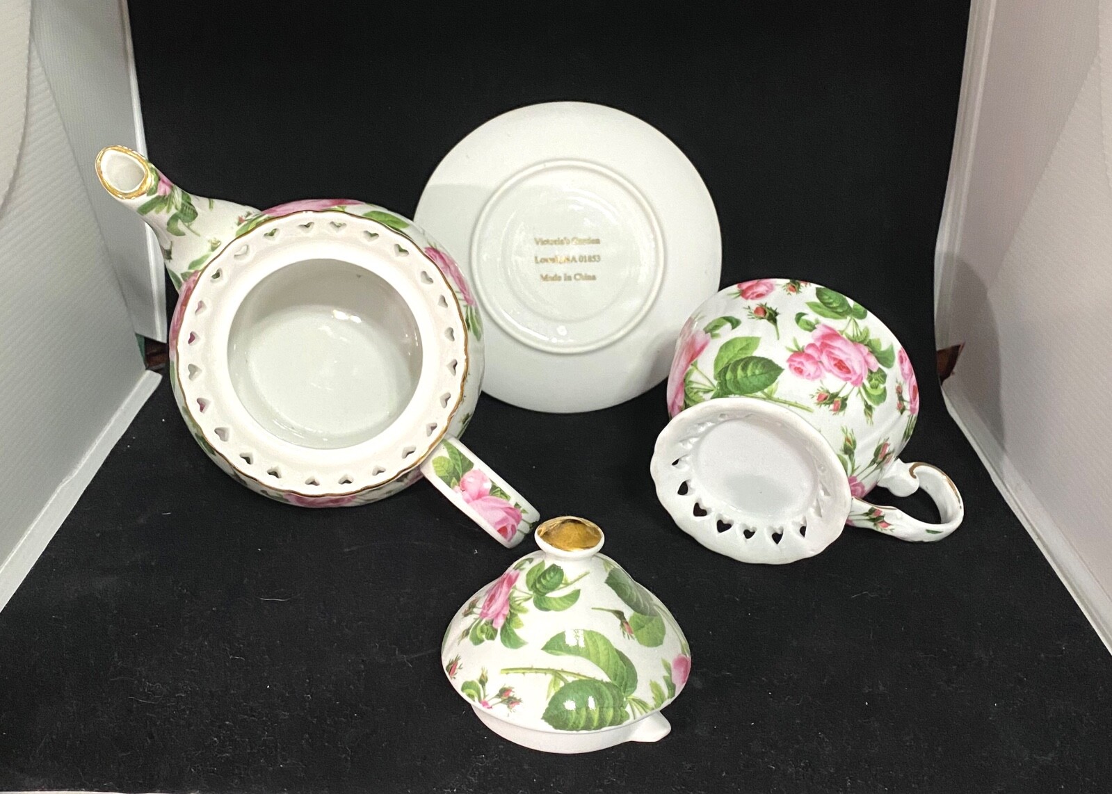 Victoria’s Garden, Lowell, MA Full Size Pink Rose Floral Teapot, Cup