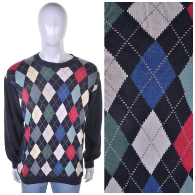 Pull Vintage The Great Plains Années 80 - Homme Taille L - Rouge Argyle - Laine Acrylique