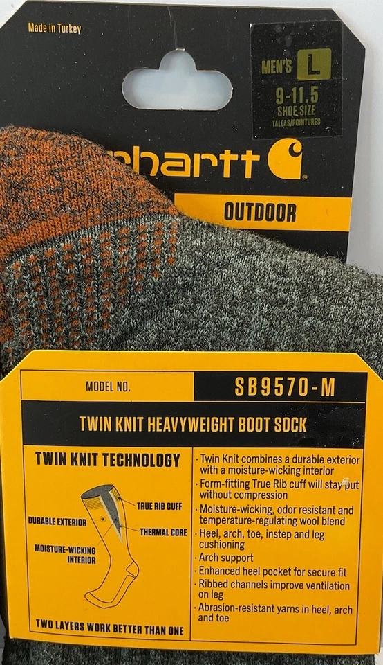 NUEVO CON ETIQUETAS 2 Pares Para Hombres L Carhartt Exterior Doble Tejido Pesado Bota Calcetín Lana Merino Foto 3 de 3