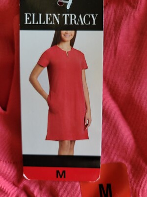 ellen tracy t shirt dress Ellen Tracy Pima Cotton A-Line T-Shirt Dress Pockets Coral Red M Short Sleeve