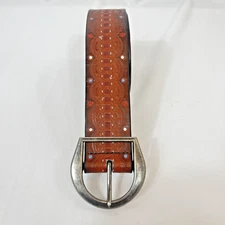 Leather Belt UNISEX Sz XL 44"x1.5" Tooled Design W/ Red White Blue Dots Retro