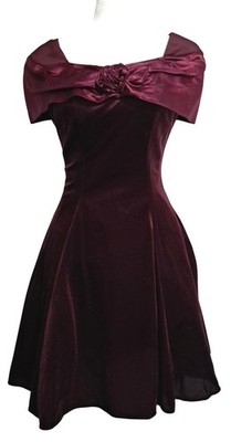 Vintage 80s/90s Burgundy Velvet Off-Shoulder Party Dress Whimsigoth Rose Detail 