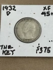 KEY XF+ 1932-D Washington Quarter. Even wear. 15-degree reverse rotation Error!
