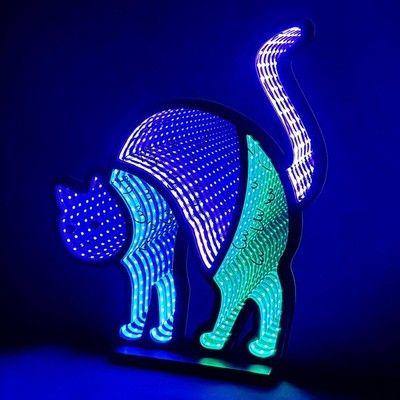 - Cat Infinity Mirror Light with Stand - Lighted Halloween Decoration - USB-P...