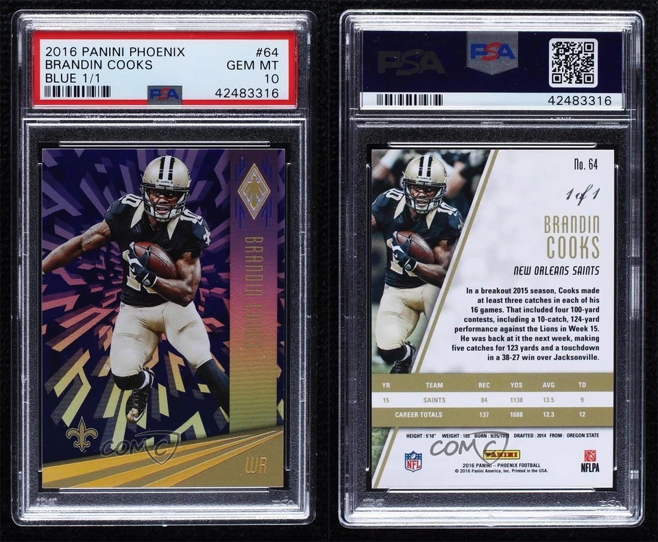 2016 Panini Phoenix Blue 1/1 Brandin Cooks #64 PSA 10 GEM MT tj0 - Image 3 of 3