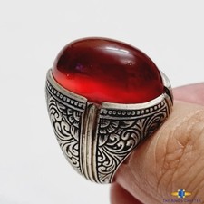 Vintage Yemeni Aqeeq Agate Ring Handmade Engraved Artisan 925 Silver Men  s Ring
