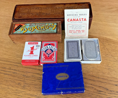Vintage Spiele Konvolut: Holz Cribbage Brett Dominosteine x2 Waddingtons Canasta Karten