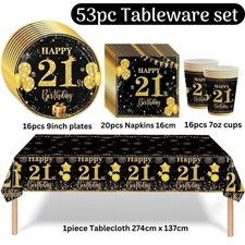 Black and Gold 21st Birthday Tablecloth plate Napkins banner backdrop Decoration