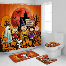 Snoopy Charlie Brown Halloween Bathroom Set Shower Curtain Pumpkin Bath Mat BH1