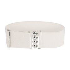 Wide Elastic Waist Belt with Round Metal Buckle, Beige, 29.5" to 41.5"