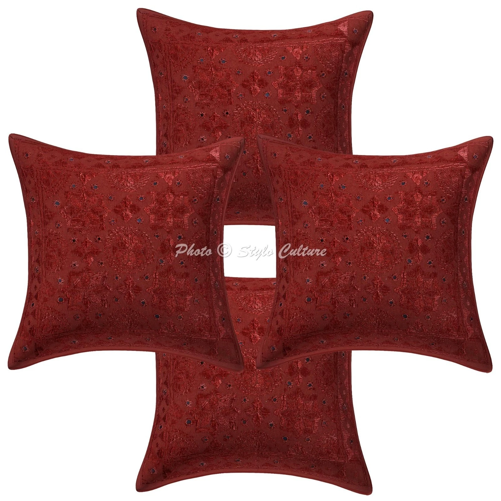 Indian Embroidered Throw Pillow Covers Cotton Mirrored Cushion Cover Bohemian