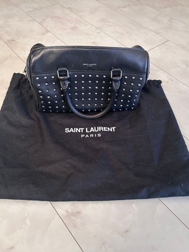 YSL Saint Laurent Baby Duffle Studded Shoulder Bag Handbag Black Leather 2way