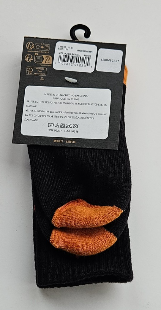 VANS Off The Wall Boys Socks Size 10-13.5 Black Flames Cotton