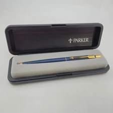 Parker Blue Ballpoint Pen Gold Trim with Case Made in USA Classic Gift