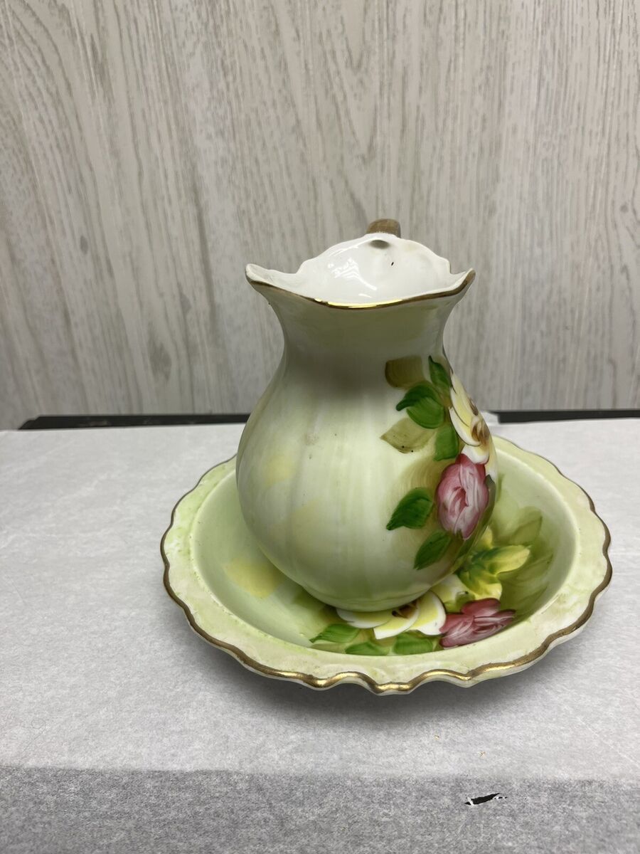 Vintage Norcrest Japan Ceramic Pitcher and Bowl Green Floral Vintage Norcrest Japan Ceramic Pitcher and Bowl Green Floral