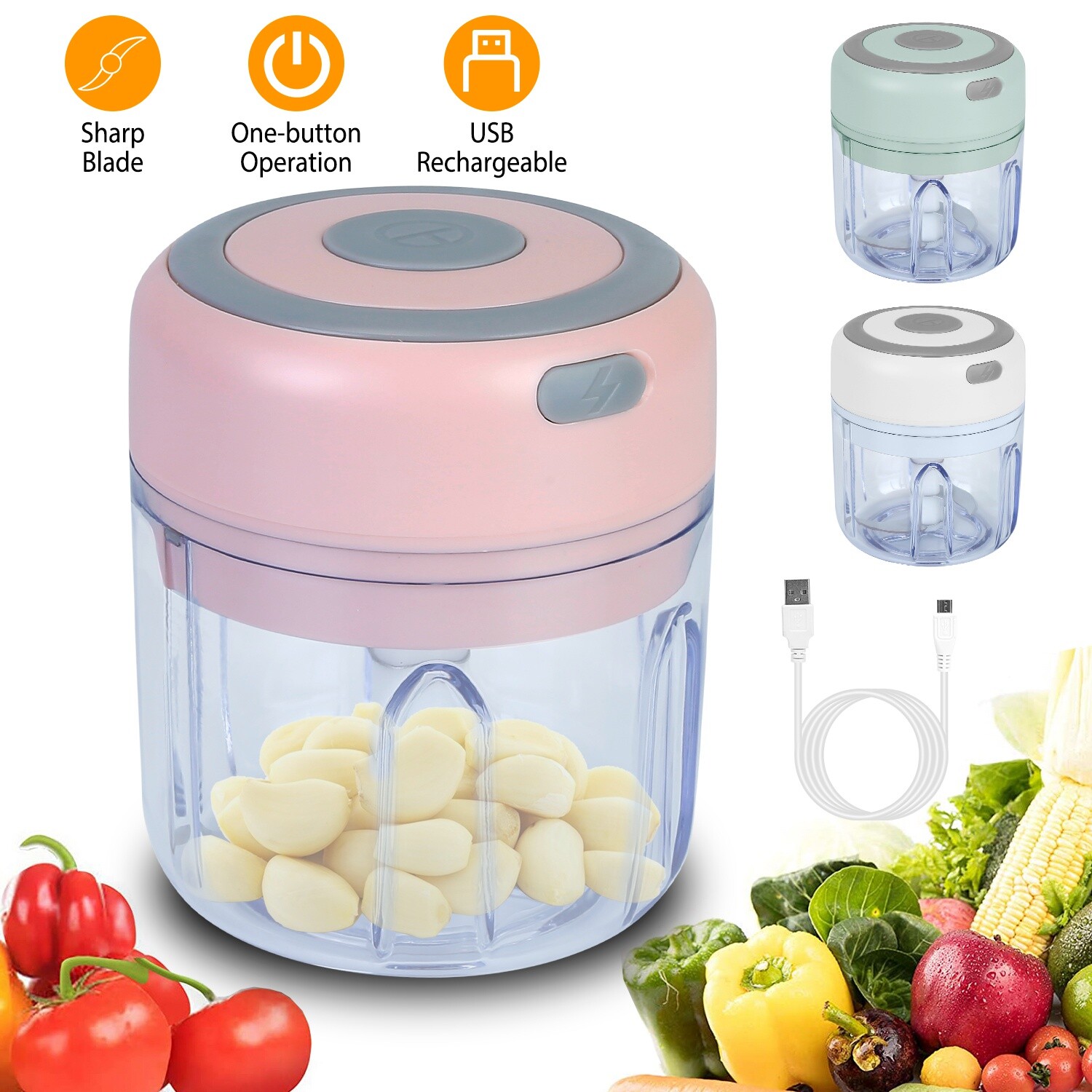 Electric 350ML Garlic Press Chopper Chili Onion Fruits Meat 