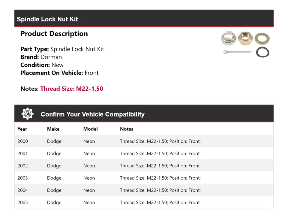 Kit de porca de trava de eixo dianteiro 2001 2002 2003 2004 Dodge Neon Dorman 2000-2005 - Imagem 2 de 4