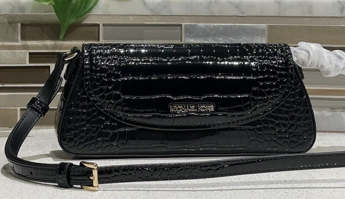 MICHAEL KORS KATYA MEDIUM FLAP CROSSBODY BAG MK BLACK CROC PATENT LEATHER GOLD