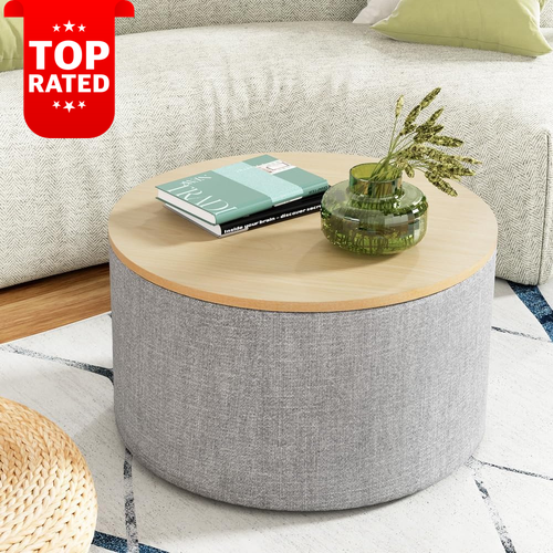 Storage Ottoman Blanket Box 60Cm Foot Stool Coffee Table Linen round Grey - Picture 9 of 12
