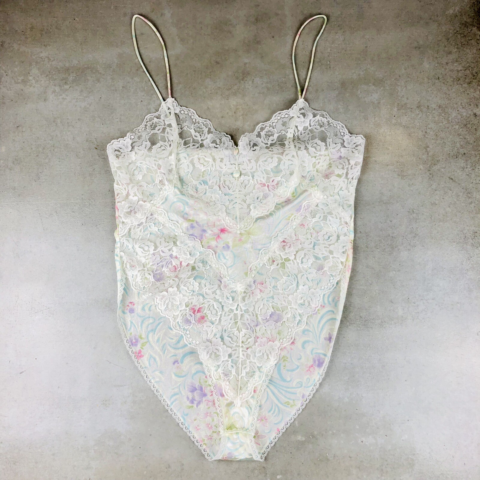 Vintage 80s 90s Hi Cut Pastel Floral Lace Teddy B… - image 1