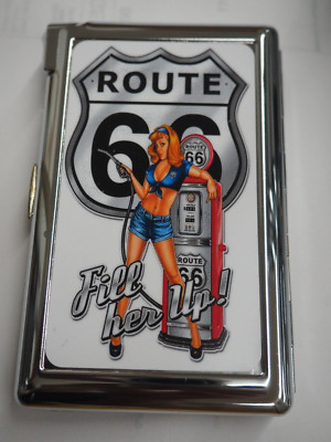 Route 66 Fill Her Up Girl Cigarette Case w/ Built in Butane Lighter For 100's