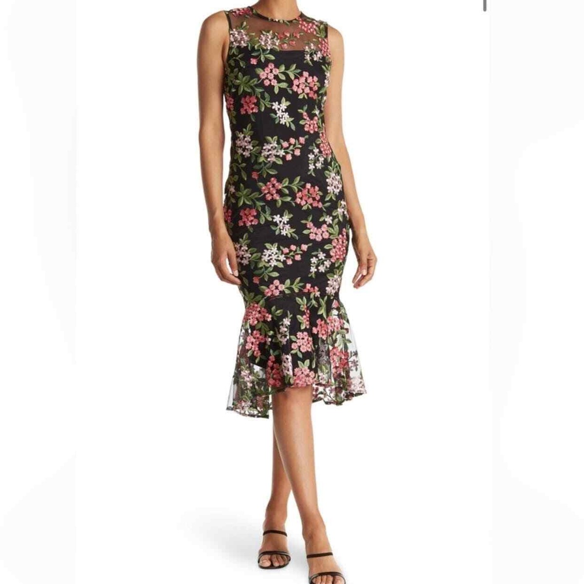 green emerald velvet dress Calvin Klein Black Floral Faux Wrap LS Midi Dress  Luscious Boutique