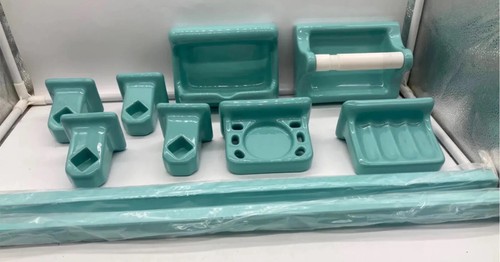 Vintage Sun Japan 10pc. MCM Turquoise Blue Ceramic Bathroom Accessory Set NOS