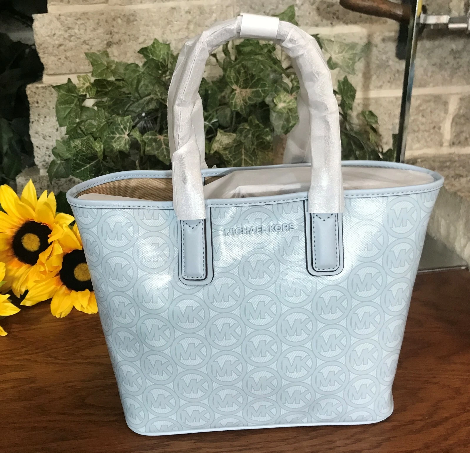BORSA BORSETTA NUOVA CON ETICHETTE MICHAEL KORS SMALL JODIE LOGO JACQUARD TOTE OCEANO PALLIDO BORSETTA BORSETTA