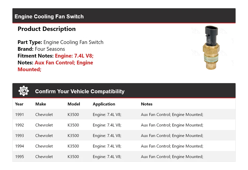 Interruptor de ventilador de refrigeración del motor V8 de 7,4 L para Chevrolet K3500 1991-1995 4 estaciones 1992 Foto 2 de 4