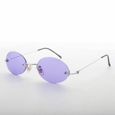 Purple Rimless Oval Colored Lens Vintage 90s Sunglasses - Piper