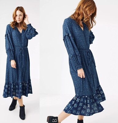 FAT FACE NAVY BLUE SPOTTY CORA WOODBLOCK LONG SLEEVE MIDI MAXI DRESS SIZE  18 46 UK