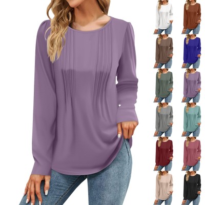 Blouses for Womens Casual Fall Tops Long Sleeve Shirts Loose Fit Pleated Tunic