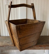 Antique Vintage Asian Wooden Rice Grain Harvest Bucket with Handle, 23 1/2" tall