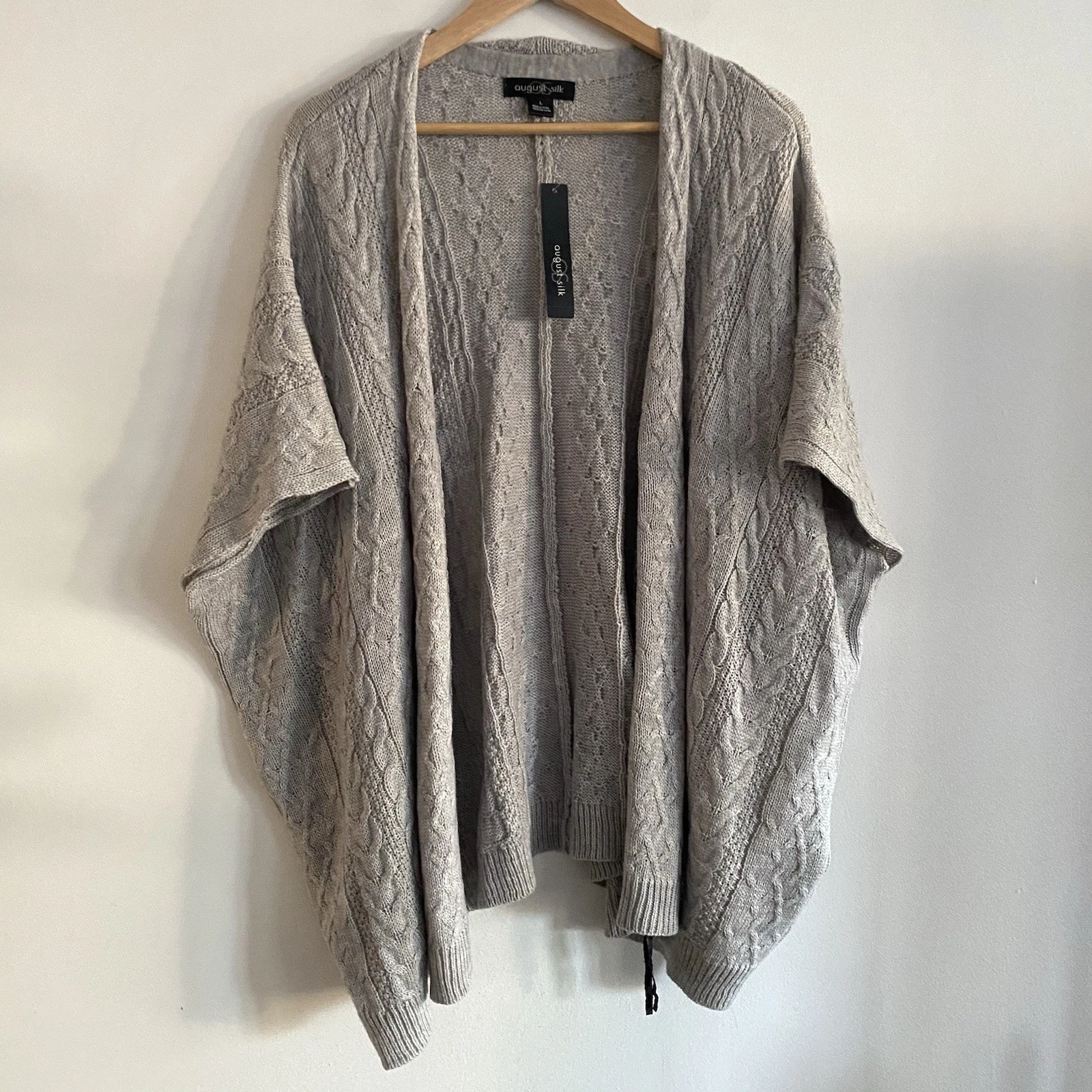 August Silk Womens L Gray Cable Knit Cardigan Poncho Wool Blend New