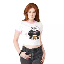 Women's Kung Fu Panda Po Flower Petals Crew Neck Short Sleeve White Baby Tee T-S