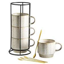 Coffee Mugs Set of 4 with Spoons & Stand, Stackable Espresso Cups 13oz Coffee...