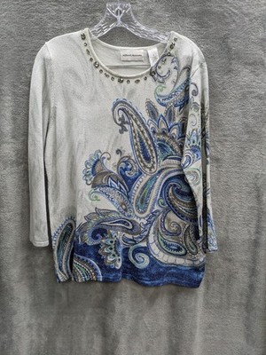 Women's Top Medium Paisley Embellished Metallic Shimmer 3/4 Sleeve Knit Artsy