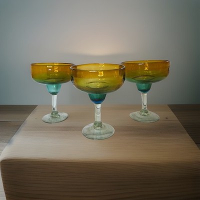 3 Margarita Glasses HAND BLOWN Mexican Amber and Turquoise 7'' Tall Unique!