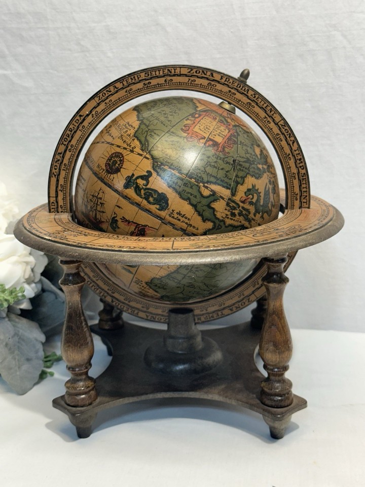 Vintage Old World Globe Zodiac Signs Wooden Desk Top World w/Stand Made in Italy