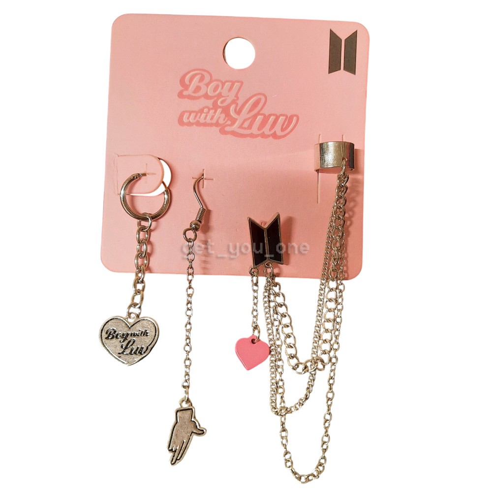 NWT BTS Boy With Luv Cuff Earring Set Kpop Charm Chains 3-Piece