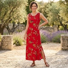 Vintage Sag Harbor Petite Floral Sleeveless Dress Red Pintuck Side Slit 14P